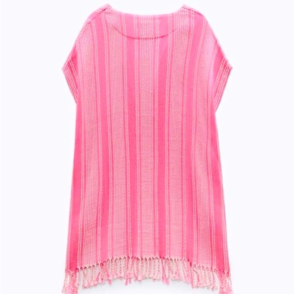 Zara Fringe Rustic Caftan Swim Cover Up pink & white stripes S/M NWT - Picture 3 of 12